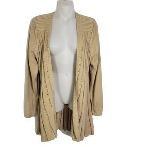 Notations Womens Sweater Cardigan Large Tan Open Front Ribbed Open Knit Long